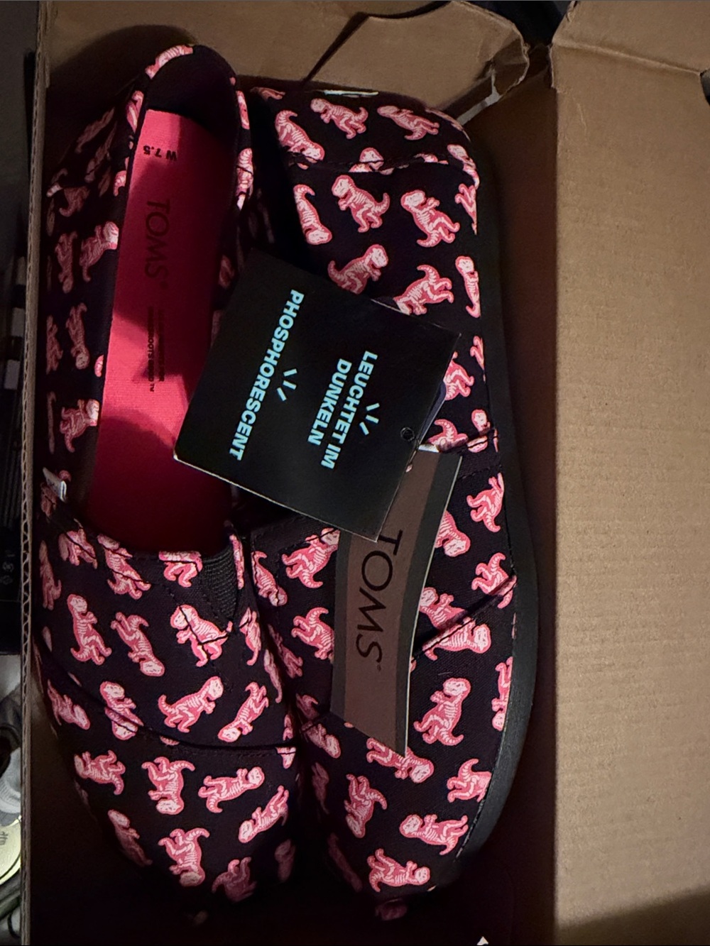 #196 Toms Black Canvas Slip-Ons with Pink dinosaur Pattern
